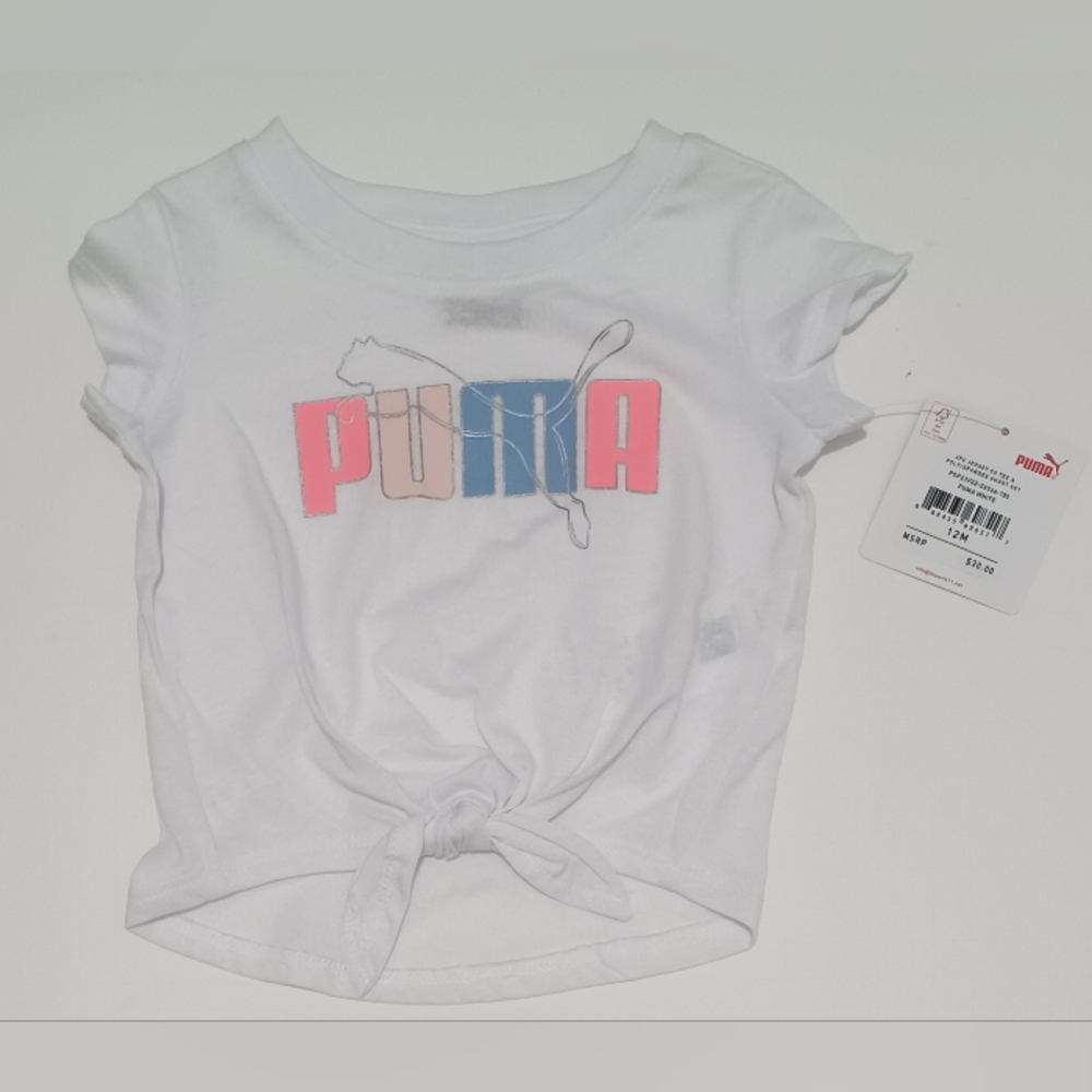 Puma Kids Girl 2 Pcs Brand Logo Tee and Shorts Set, White/Neon Pink Size 12M - Picture 3 of 11